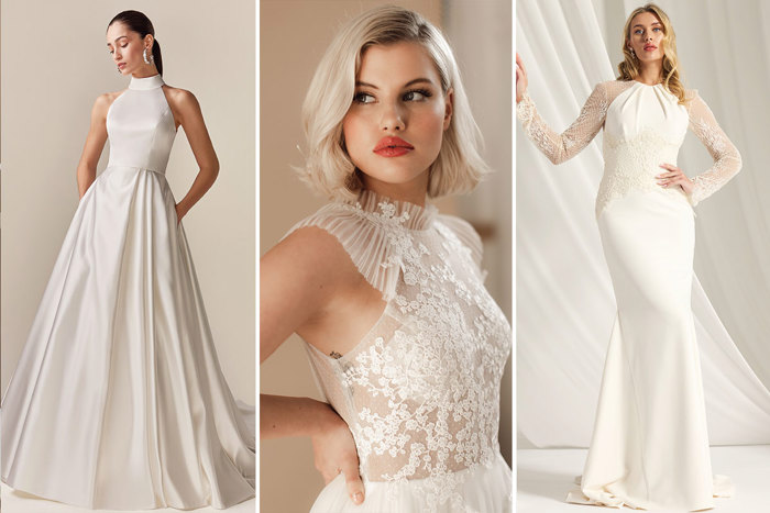 Three wedding dresses with high necklines styled by three different models