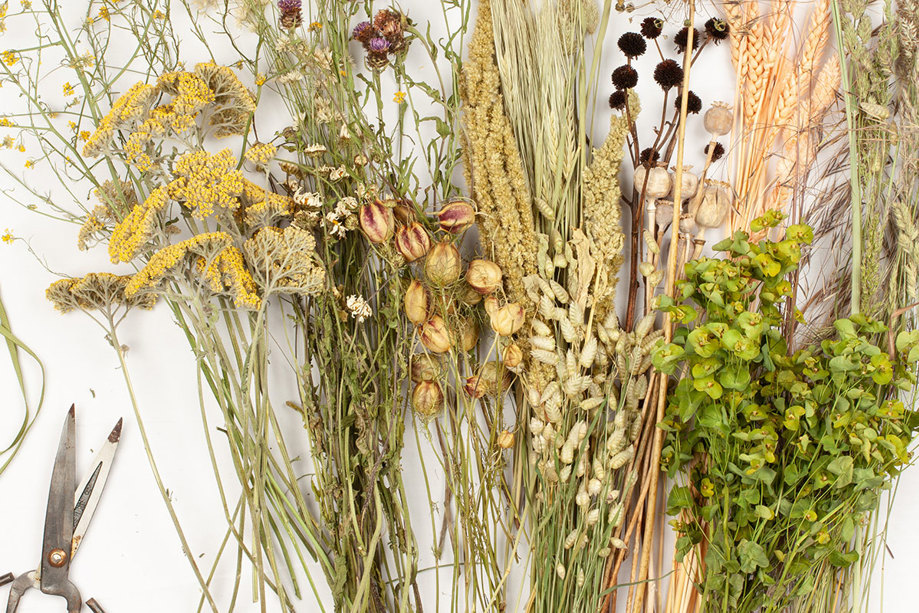 dried flower stems ready to assemble into bouquet