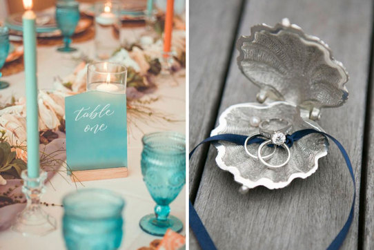 Blue table settings and rings in shell holder