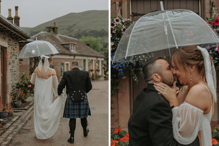 Couple portraits under an umbrella on quiet Luss street