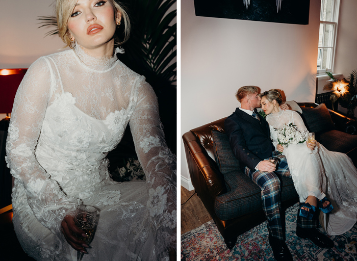 a bride wearing a high neck finespun lace dress on left. A groom kissing a bride on the head on right. They are sitting on an oxblood chesterfield sofa. Groom is wearing tartan trews outfit and bride a high neck lace dress