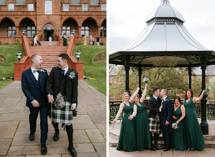 two grooms walking outside Boclair House staircase on left. Two grooms kissing in the bandstand at Boclair House with four bridesmaids wearing long dark-green dresses