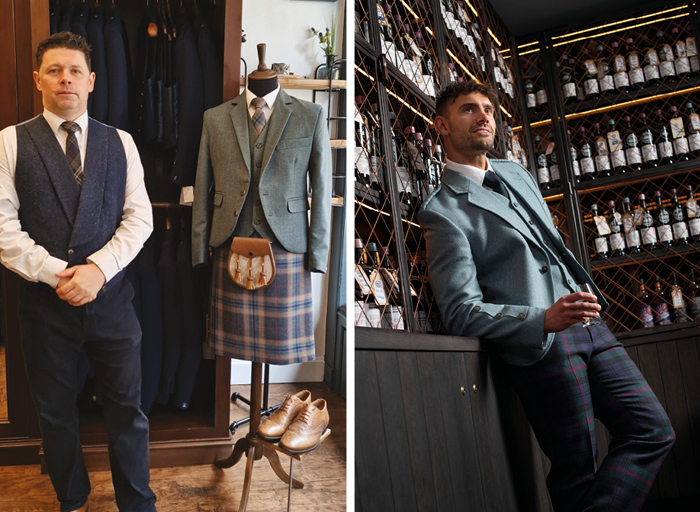 Man with shirt and tie standing next to mannequin, man in highlandwear holding drink standing in front of cage of whisky