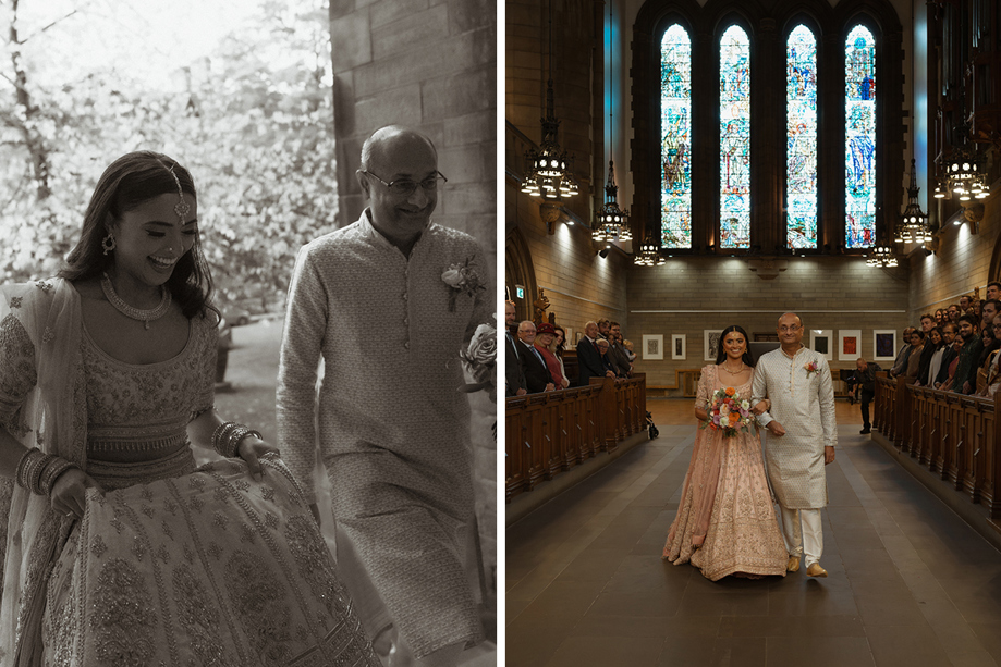 A Bride Wearing A Lehenga Walking With A Man Wearing An Ivory Salwar Kameez