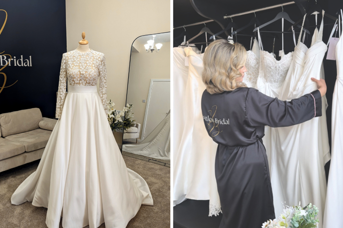 dress on mannequin on left, with woman in black robe looking through dresses on right