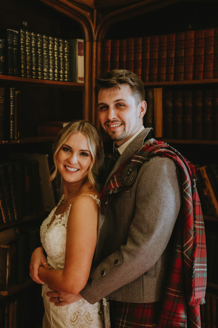 close up potrait of bride and groom on their wedding day at dalhousie castle