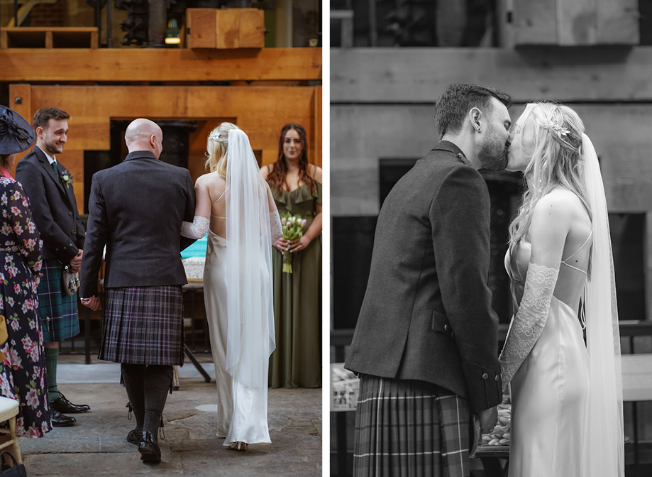 the back of a bride and a man in a kilt walking down an aisle as guests watch on left. a black and white image of a bride and groom kissing on right