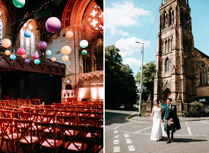 rows of wooden cross back chairs set out for a wedding ceremony in a church style building with rows of colourful hanging lanterns on left. A bride and groom walking along a road outside a tall ornate church building on right