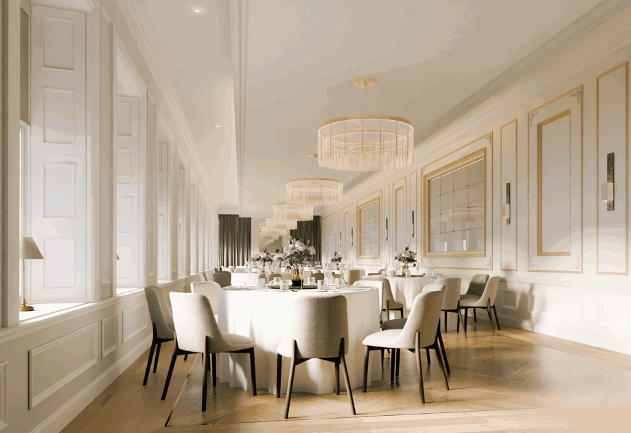 A long white room with round tables and chairs