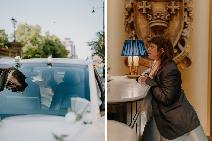 Images show bride arriving by car at Marine Hotel in Troon and one of her leaning over the reception desk