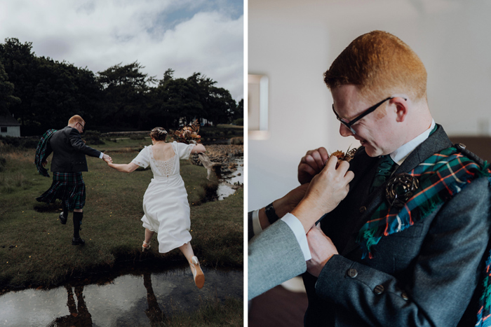 Couple jump over a puddle and groom has buttonhole fixed to his jacket