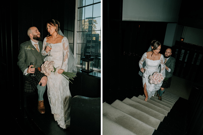 newlyweds pose with glasses of champagne and bride's bouquet