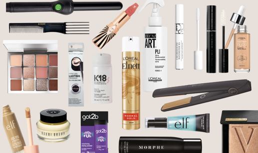 an assortment of cut out hair and makeup products