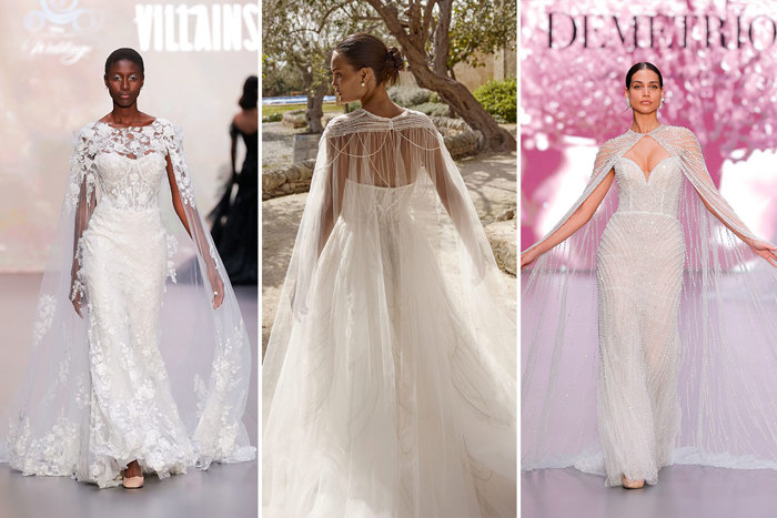 Three women wearing wedding dresses capes attached