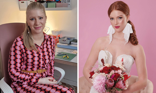 Image of Sophie Smith of Gemini Clay Studio wearing a pair of her own earrings, and image of model wearing Gemini Clay Studio’s bow earrings (photo: Euan Anderson)