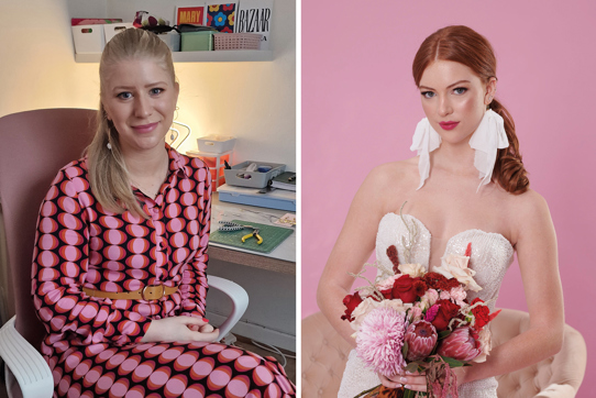 Image of Sophie Smith of Gemini Clay Studio wearing a pair of her own earrings, and image of model wearing Gemini Clay Studio’s bow earrings (photo: Euan Anderson)