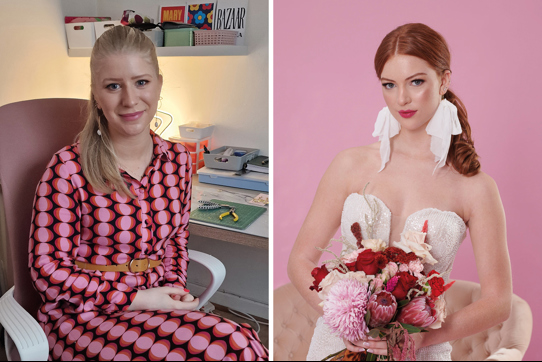 Image of Sophie Smith of Gemini Clay Studio wearing a pair of her own earrings, and image of model wearing Gemini Clay Studio’s bow earrings (photo: Euan Anderson)