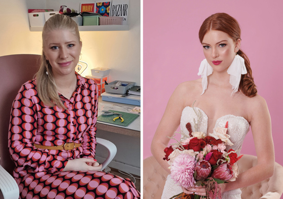 Image of Sophie Smith of Gemini Clay Studio wearing a pair of her own earrings, and image of model wearing Gemini Clay Studio’s bow earrings (photo: Euan Anderson)