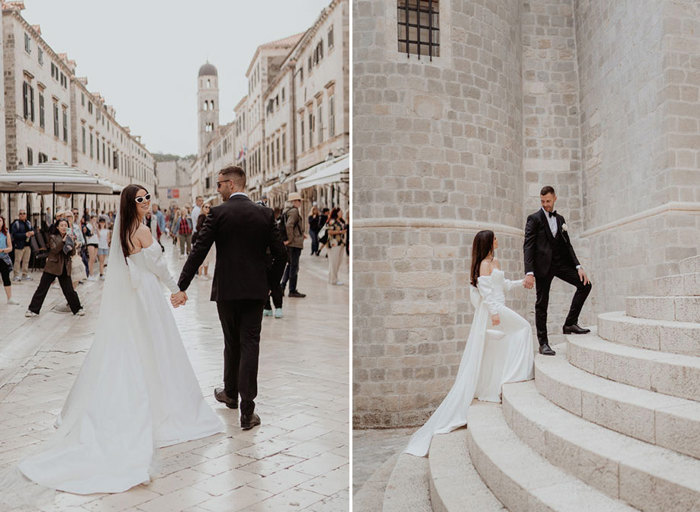 A bride and groom walking through Dubrovnik old town on left. A couple in formal attire poses on the stone steps of Dubrovnik; the woman wears a white dress, and the man dons a black tuxedo on right.