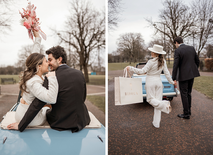 on the left a bride and groom sit on the back seats of a blue convertible car with the bride holding a pink bouquet in the air, on the right the couple walk towards the car with the bride kicking her leg up behind her and holding a shopping bag