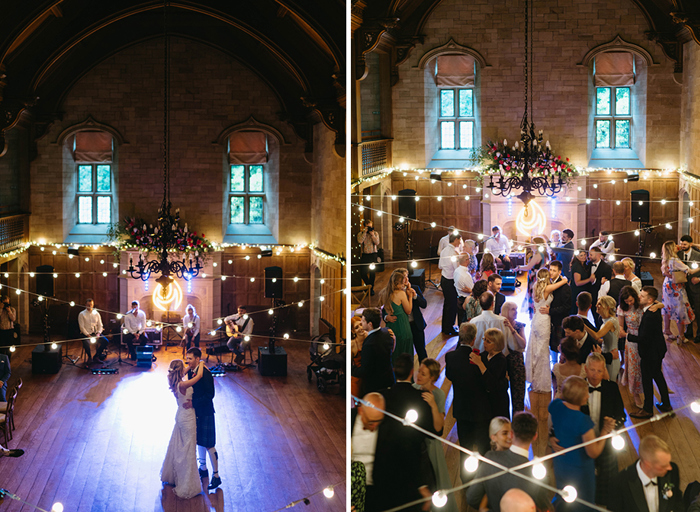 A bride and groom slow dancing on a dancefloor