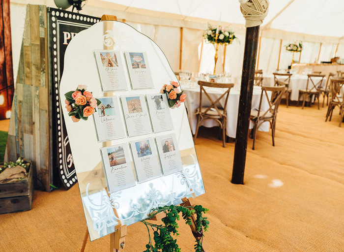 Seating chart including destinations on a large mirror