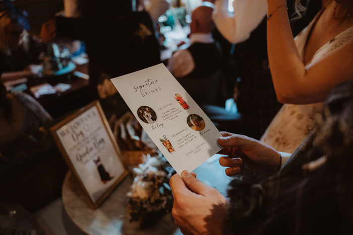 Drinks menu with personalised tipples dedicated to the couple's dog