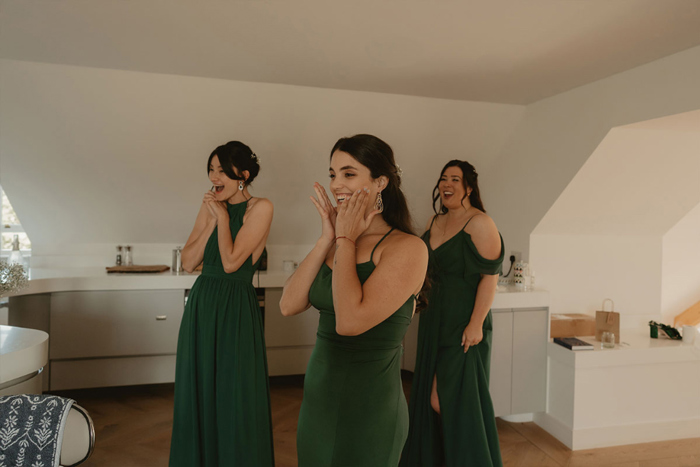 Surprised Bridesmaids Wearing Green Dresses