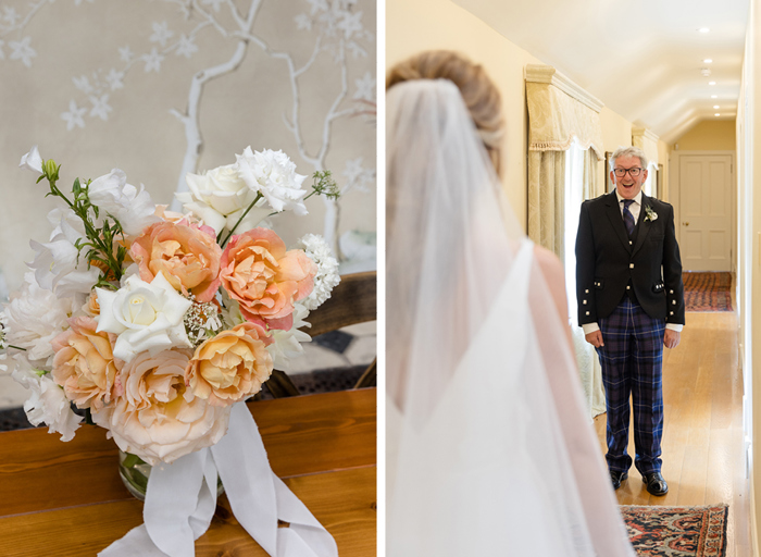 flowers with white and peach accents and father seeing bride for first time