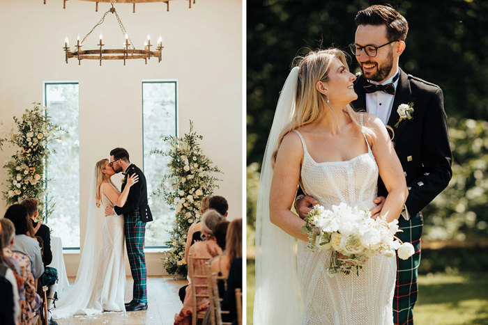 couple after getting married with beautiful white bouquet