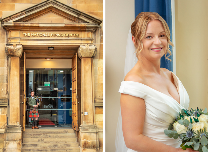 on the left a bagpiper in a red and green kilt stands in a stone doorway, on the right a bride turns to the camera and smiles