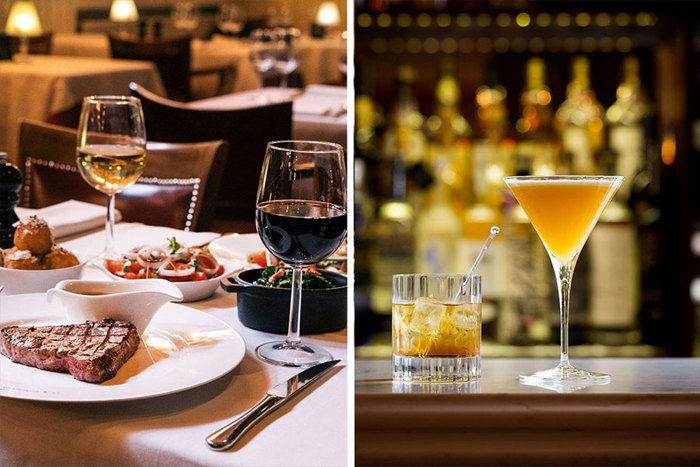 A dinner spread with steak and wine in a restaurant on the left, and two orange cocktails on the right 