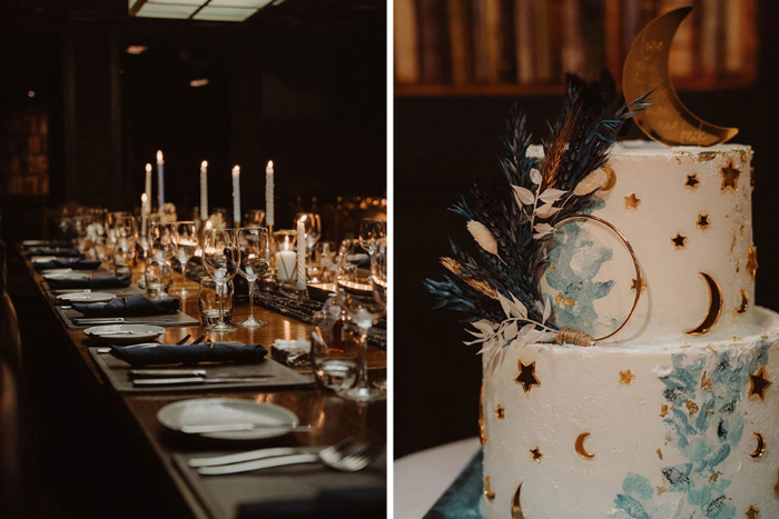 Picture showing table set up and one showing celestial wedding cake with gold and blue detailing 