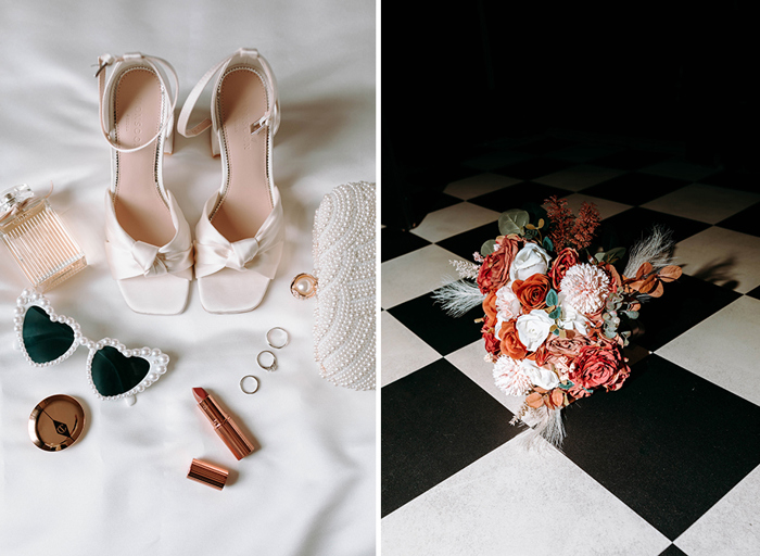 a flat lay of wedding shoes, heart shaped sunglasses, clutch bag, perfume and lipstick on left. A red, white and pink bridal bouquet on a black and white checked floor on right