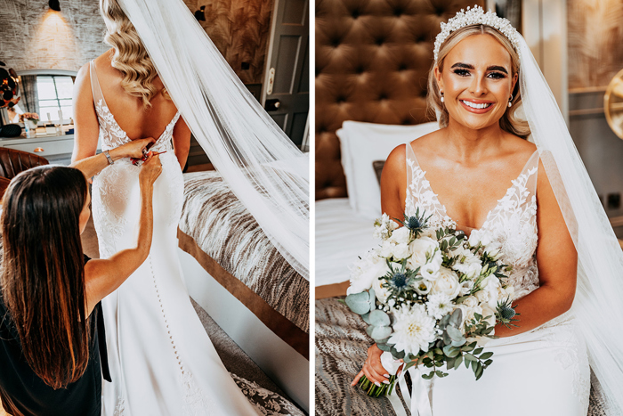 Bride having her dress done up and bride smiling before wedding day