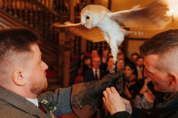 owl delivers ring during wedding ceremony at dalhousie castle in midlothian