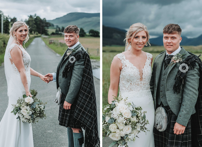 a bride and groom on a countryside road on left. a bride and groom posing under dark grey skies on right