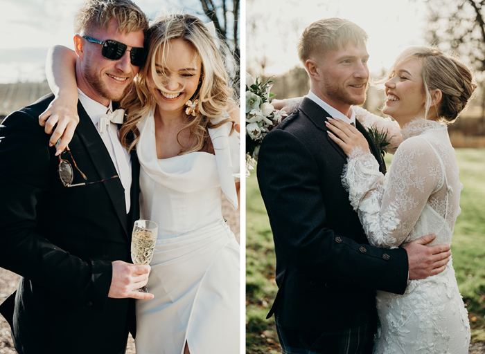 a bride and groom joyfully hugging and laughing on left and right