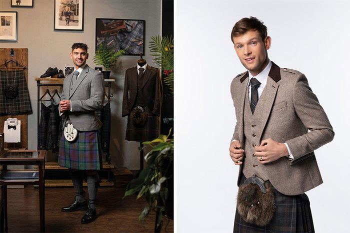 Two men modelling kilts in neutral colours 