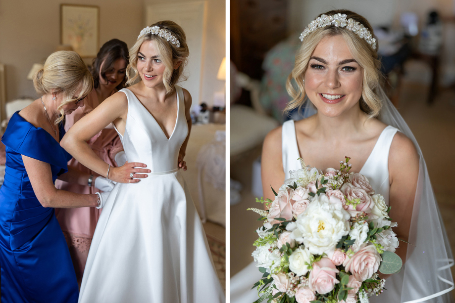 Bride is helped into dress and image of her smiling holding bouquet