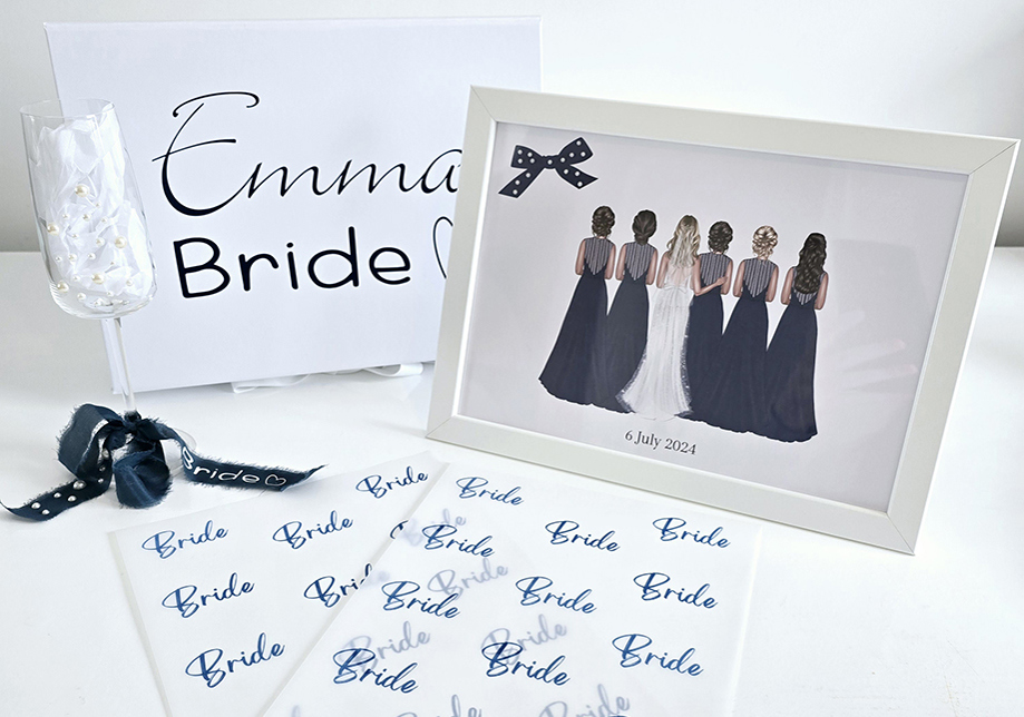 Personalised bride gift set with cartoon picture of bridal party