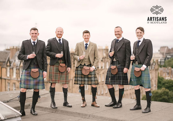 Bespoke wedding outfits (kilts, custom sporrans, jackets, hose, ties brogues, flashes, belts, buckles and kilt pins) by Artisans of Scotland