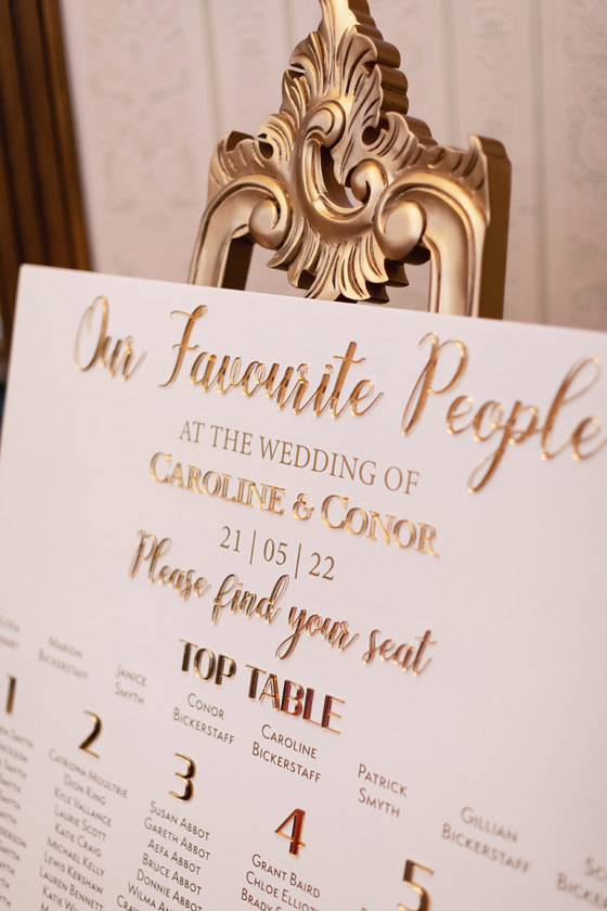 Table plan with gold writing