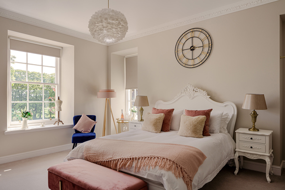 White, blush pink and blue bedroom in House of Elrick.