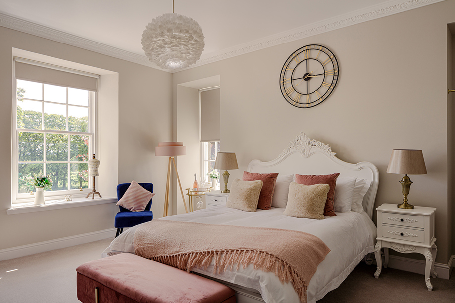 White, blush pink and blue bedroom in House of Elrick.