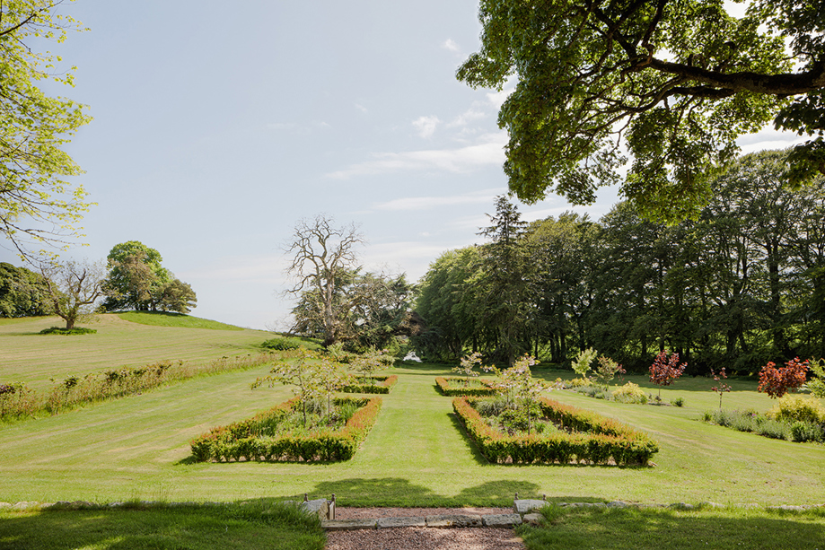 Manicured gardens at House of Elrick, an Aberdeenshire wedding venue.