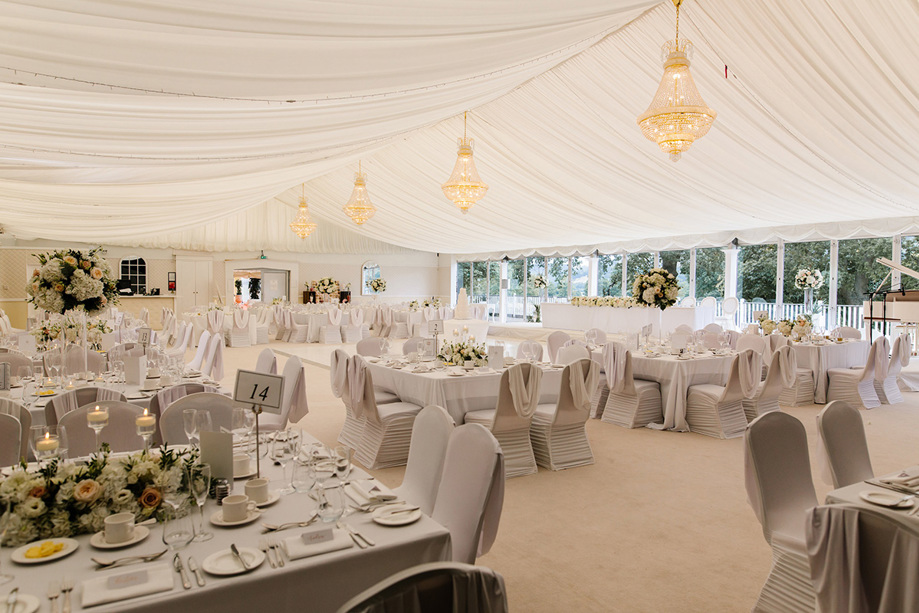 Wedding meal set up with chandeliers and flowers on round tables