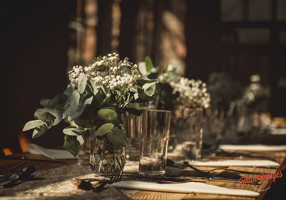 Close up shot of white table flowers