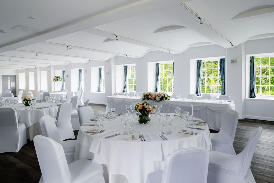 Wedding meal set up with flower centrepieces