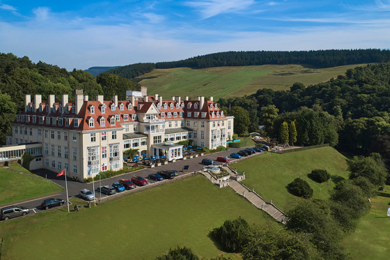 View of Peebles Hydro Hotel exterior and grounds